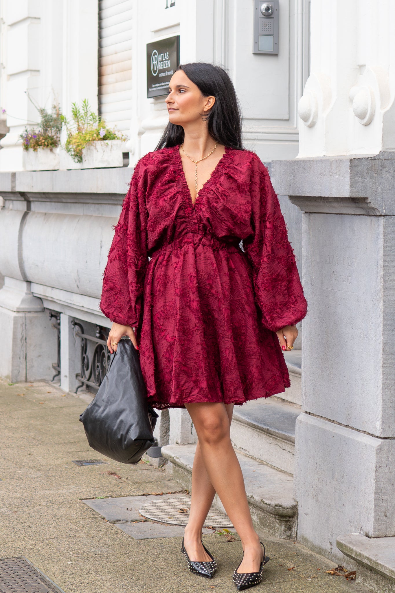 Fiebe Ruffle Dress Wine Red